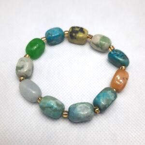 Mixed Gemstone Nugget Bracelet Artisan Large Beaded Gold Tone Stretch New
